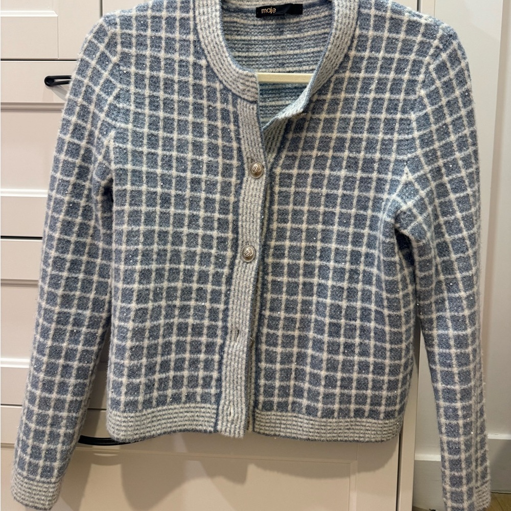 MAJE beautiful baby blue and white sequin cardigan

Size 1/ which is small